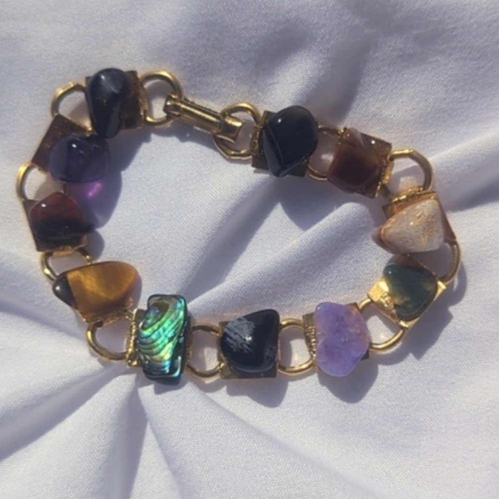 Vintage Gold Tone Mixed Stone & Abalone Bracelet - Purple & Tiger's Eye